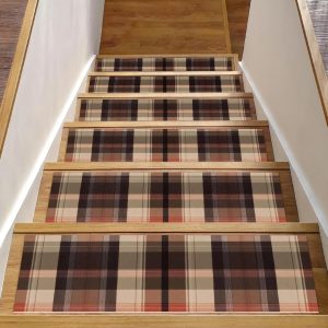 15 Pieces Stair Treads Carpet Stair Runners for Wooden Steps Plaid Pattern Non-Slip Staircase Carpet Mat for Kids Elders and Dogs, 8" X 30"