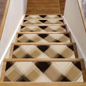 15 Pieces Stair Treads for Wooden Steps Indoor, Soft Staircase Carpet Mat, Plaid Pattern 30 in X 8 in Stair Runners Rugs, Surface Polyester TPE Backing Step Treads Pads