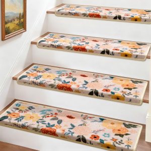 Bullnose Stair Treads for Wooden Steps,Non-Slip Peel and Stick Stair treads Stair Carpet for Indoor Runner and Pets,Floral Stair Rugs,Soft Washable Staircase 7pcs 29.5 ''x9.5 ''x1.5 ''