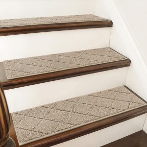 Edging Stair Treads Non-Slip Carpet Mat 28inX9in Indoor Stair Runners for Wooden Steps, Edging Stair Rugs for Kids and Dogs, 100% Polyester TPE Backing (15pc, Beige)