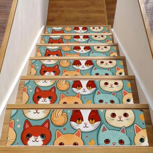 15 Packs Stair Treads Carpet Stair Runners for Wooden Steps Cute Cat Head Love Heart Non-Slip Staircase Carpet Mat for Kids Elders and Dogs, 8" X 30"